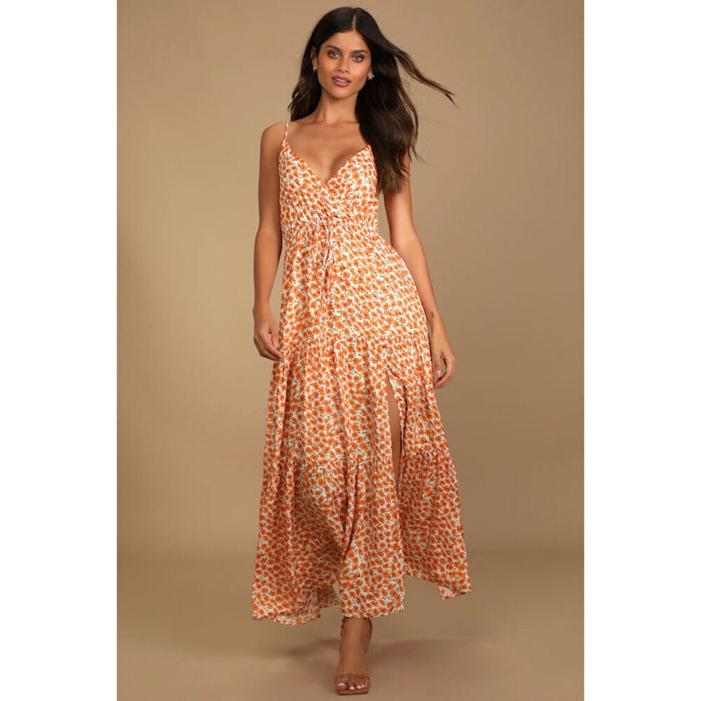 Lulus Forever Blooming Orange Floral Print Tiered Maxi Dress - Size M